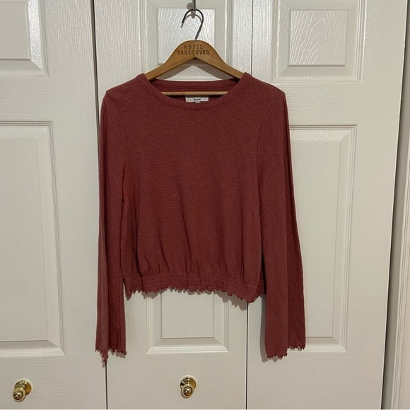 Madewell Texture and Thread Bell Sleeve Smocked Dusty Rose Pink Blouse Top M - Picture 2 of 5